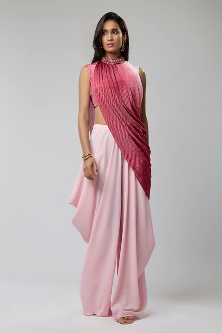 Buy_Naina Seth_Pink Crepe Crystals Cowl Neck Ruched Ombre Top With Pant_Online_at_Aza_Fashions