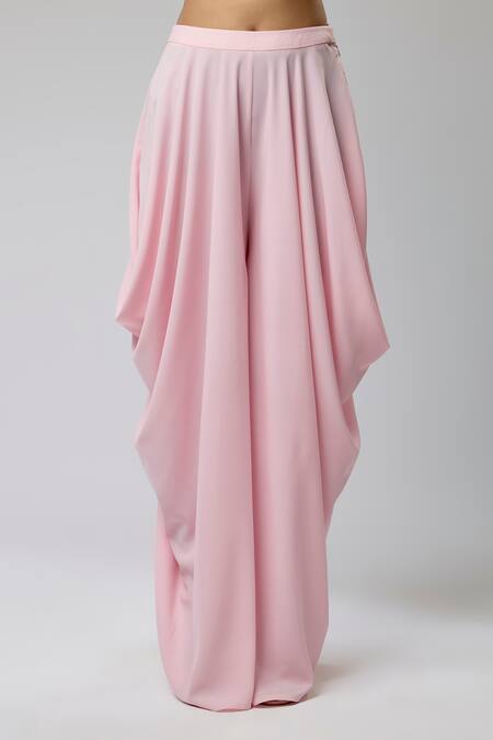 Shop_Naina Seth_Pink Crepe Crystals Cowl Neck Ruched Ombre Top With Pant_Online_at_Aza_Fashions