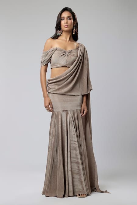 Shop_Naina Seth_Brown Sweetheart Neck Pleated Pre-draped Skirt Saree With Blouse _Online_at_Aza_Fashions