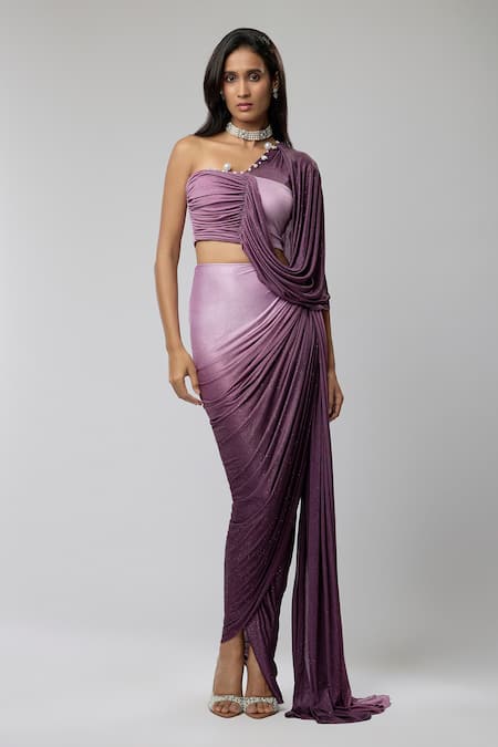 Naina Seth Purple Pearls Sweetheart Neck Ombre Crop Top With Skirt 