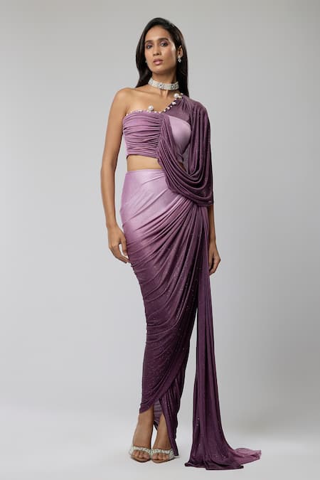 Naina Seth_Purple Pearls Sweetheart Neck Ombre Crop Top With Skirt _Online_at_Aza_Fashions
