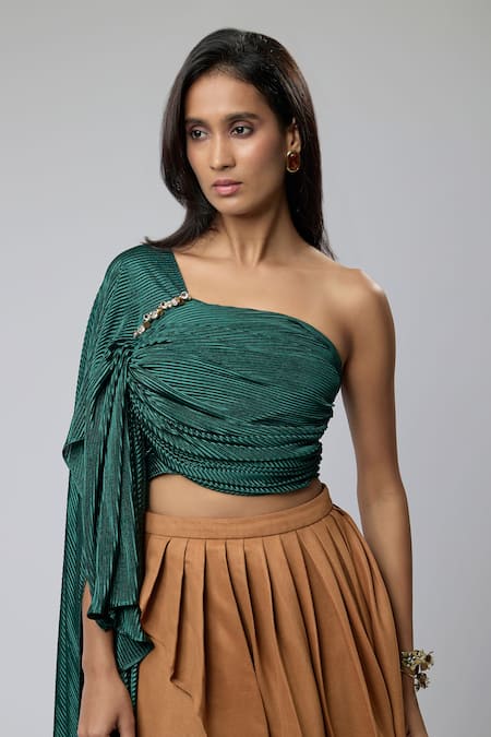 Naina Seth_Green Crepe, Suede Beads One Shoulder Forest Whispers Crop Top With Skirt _Online_at_Aza_Fashions