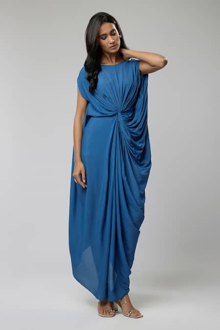 Naina Seth_Teal Crepe Round Neck Draped Gown_Online_at_Aza_Fashions