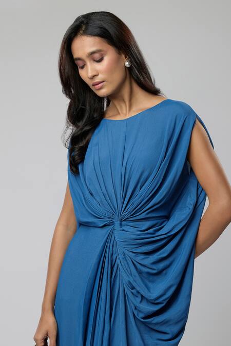 Buy_Naina Seth_Teal Crepe Round Neck Draped Gown_Online_at_Aza_Fashions