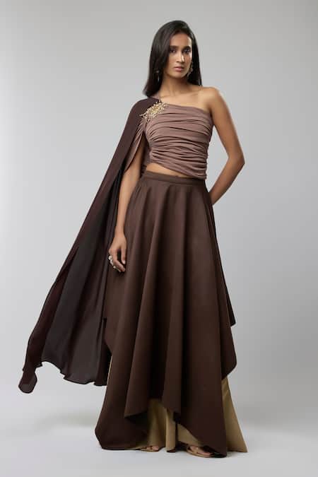 Naina Seth Brown Crepe, Suede, Brocade Beads, Pearls One Shoulder Ruched Top Lehenga Set 