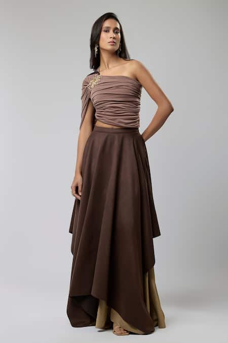 Naina Seth_Brown Crepe, Suede, Brocade Beads, Pearls One Shoulder Ruched Top Lehenga Set _Online_at_Aza_Fashions