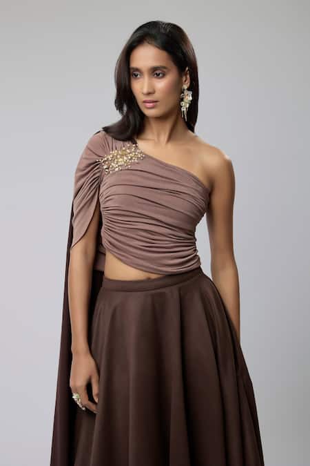 Buy_Naina Seth_Brown Crepe, Suede, Brocade Beads, Pearls One Shoulder Ruched Top Lehenga Set _Online_at_Aza_Fashions
