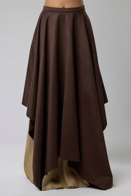 Shop_Naina Seth_Brown Crepe, Suede, Brocade Beads, Pearls One Shoulder Ruched Top Lehenga Set _Online_at_Aza_Fashions