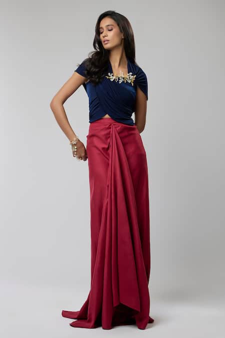 Naina Seth_Navy Knit, Suede Crystals Sweetheart Royal Hourglass Embellished Top With Skirt _Online_at_Aza_Fashions