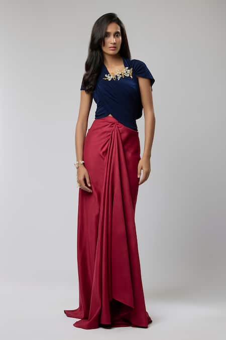 Naina Seth Navy Knit, Suede Crystals Sweetheart Royal Hourglass Embellished Top With Skirt 