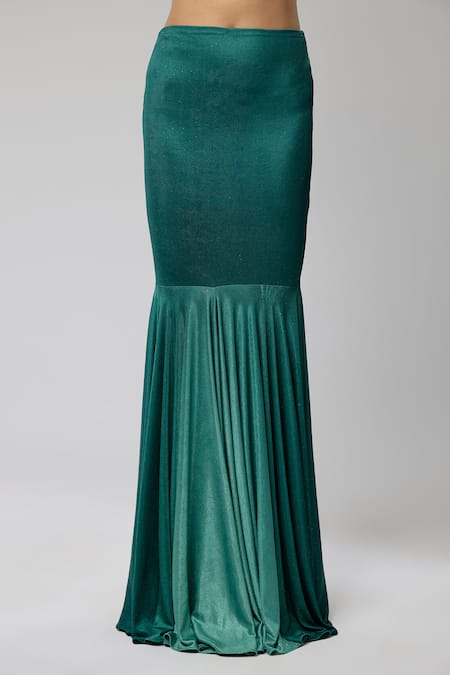 Naina Seth_Green Jersey Pearls One Shoulder Cantaloupe Ombre Draped Blouse And Skirt Set _Online_at_Aza_Fashions