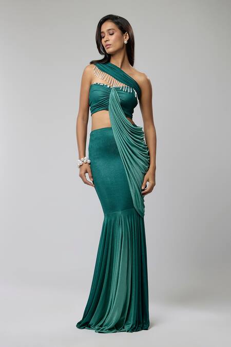 Buy_Naina Seth_Green Jersey Pearls One Shoulder Cantaloupe Ombre Draped Blouse And Skirt Set _Online_at_Aza_Fashions