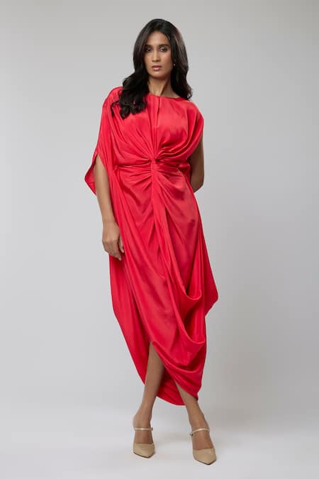 Naina Seth Red Crepe Round Neck Scarlet Mirage Twisted Draped Dress 