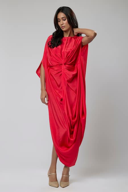 Buy_Naina Seth_Red Crepe Round Neck Scarlet Mirage Twisted Draped Dress_Online_at_Aza_Fashions