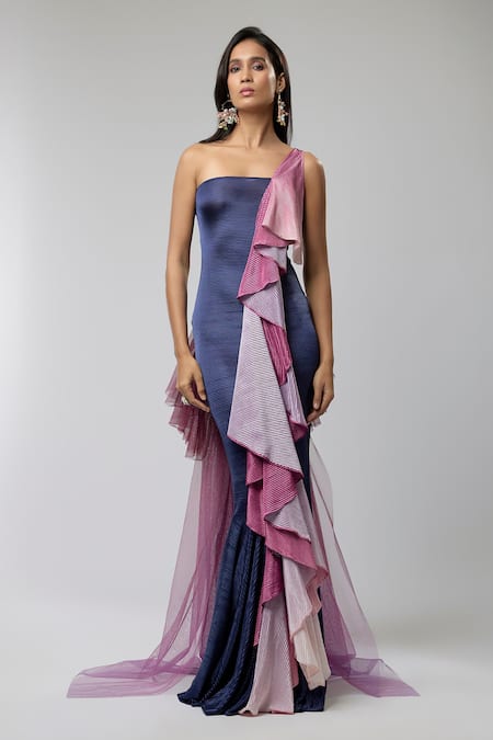 Naina Seth_Navy Tulle Ruffles Bandeau Neck Twilight Orchid Mermaid Gown _Online_at_Aza_Fashions