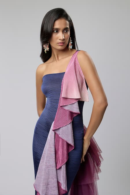 Buy_Naina Seth_Navy Tulle Ruffles Bandeau Neck Twilight Orchid Mermaid Gown _Online_at_Aza_Fashions