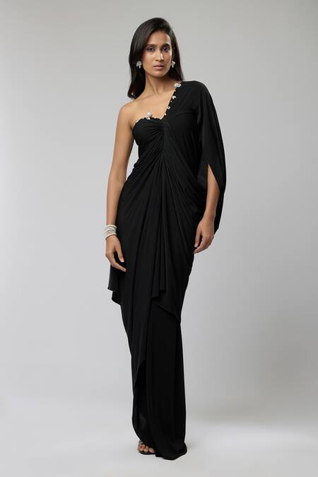 Naina Seth_Black Knit Pearls Sweetheart Neck, One Shoulder Midnight Draped Gown _Online_at_Aza_Fashions