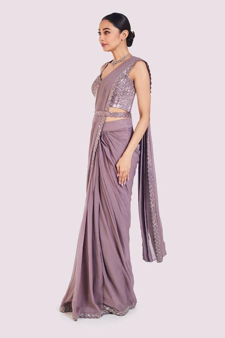 Onaya_Lilac Georgette Sequins, Embroidery, Cut Work Blouse And Pre-draped Saree Set _Online_at_Aza_Fashions