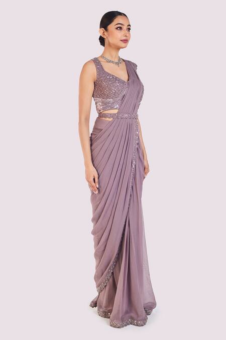 Buy_Onaya_Lilac Georgette Sequins, Embroidery, Cut Work Blouse And Pre-draped Saree Set _Online_at_Aza_Fashions