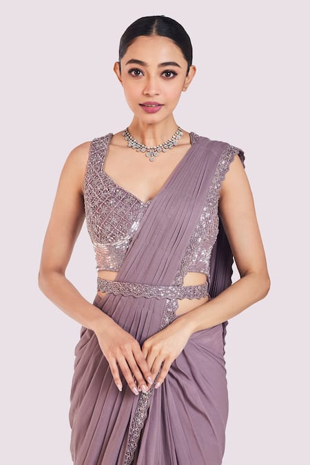 Shop_Onaya_Lilac Georgette Sequins, Embroidery, Cut Work Blouse And Pre-draped Saree Set _Online_at_Aza_Fashions