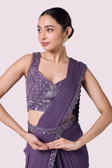 Onaya Lavender Georgette Embroidery, Embellished Blouse And Pre-draped Saree Set Online at Aza Fashions Onaya_Lavender Georgette Embroidery, Embellished Blouse And Pre-draped Saree Set _Online_at_Aza_Fashions