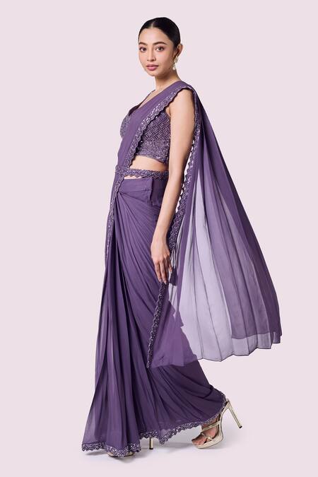 Buy Onaya Lavender Georgette Embroidery, Embellished Blouse And Pre-draped Saree Set Online at Aza Fashions Buy_Onaya_Lavender Georgette Embroidery, Embellished Blouse And Pre-draped Saree Set _Online_at_Aza_Fashions