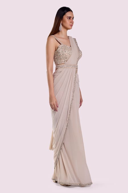 Onaya_Ivory Lycra, Net Sequins Sweetheart Embroidered Blouse And Pre-draped Saree Set_Online_at_Aza_Fashions