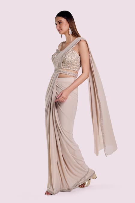Buy_Onaya_Ivory Lycra, Net Sequins Sweetheart Embroidered Blouse And Pre-draped Saree Set_Online_at_Aza_Fashions