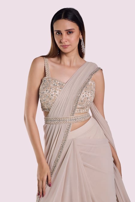 Shop_Onaya_Ivory Lycra, Net Sequins Sweetheart Embroidered Blouse And Pre-draped Saree Set_Online_at_Aza_Fashions