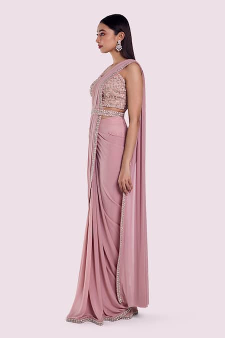 Onaya_Pink Lycra, Net Sequins, Stones Cutdana Work Blouse And Pre-draped Saree Set_Online_at_Aza_Fashions