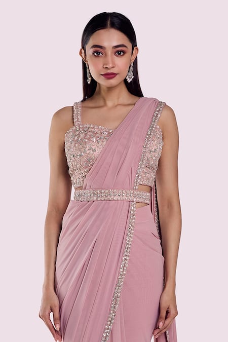 Shop_Onaya_Pink Lycra, Net Sequins, Stones Cutdana Work Blouse And Pre-draped Saree Set_Online_at_Aza_Fashions