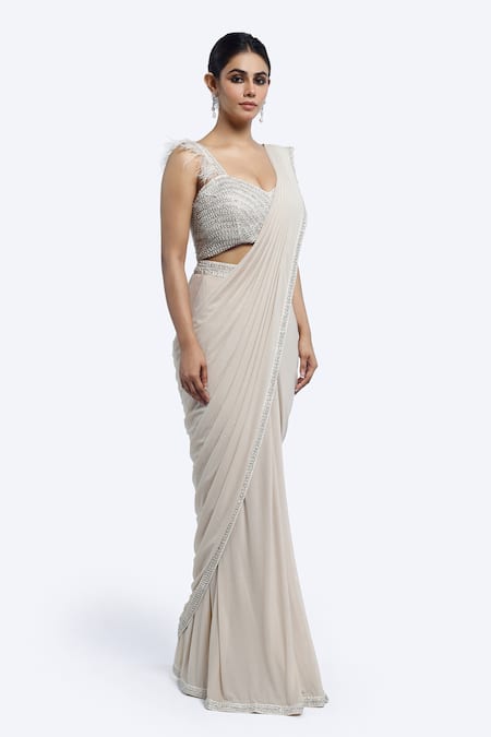 Onaya_Ivory Lycra, Net Feathers, Beads, Cutdana Work Blouse And Pre-draped Saree Set _Online_at_Aza_Fashions