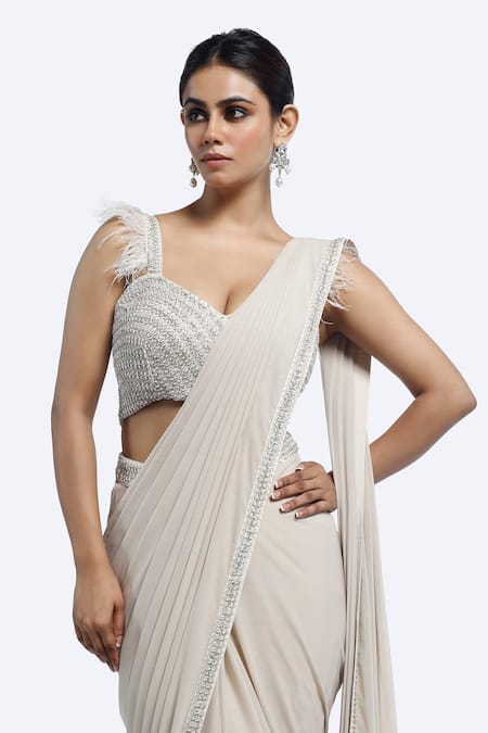 Shop_Onaya_Ivory Lycra, Net Feathers, Beads, Cutdana Work Blouse And Pre-draped Saree Set _Online_at_Aza_Fashions