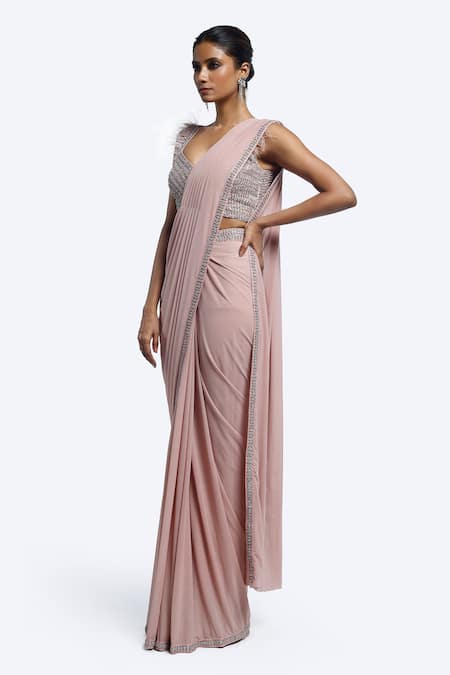 Onaya_Pink Lycra, Net Feathers, Pearls, Cut Embellished Blouse And Pre-draped Saree Set _Online_at_Aza_Fashions