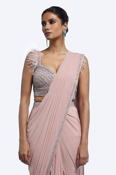 Buy_Onaya_Pink Lycra, Net Feathers, Pearls, Cut Embellished Blouse And Pre-draped Saree Set _Online_at_Aza_Fashions