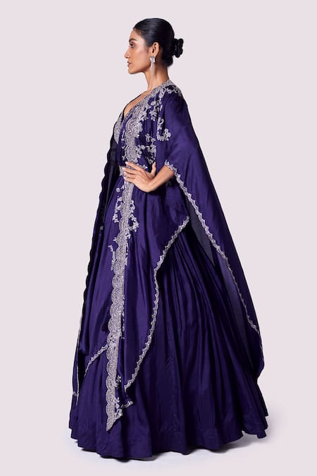 Onaya Purple Silk Embroidery, Mirrors, Sequins, Beads V-neck Cape And Lehenga Set Online at Aza Fashions Onaya_Purple Silk Embroidery, Mirrors, Sequins, Beads V-neck Cape And Lehenga Set _Online_at_Aza_Fashions