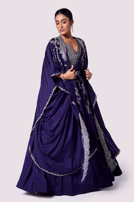 Buy Onaya Purple Silk Embroidery, Mirrors, Sequins, Beads V-neck Cape And Lehenga Set Online at Aza Fashions Buy_Onaya_Purple Silk Embroidery, Mirrors, Sequins, Beads V-neck Cape And Lehenga Set _Online_at_Aza_Fashions