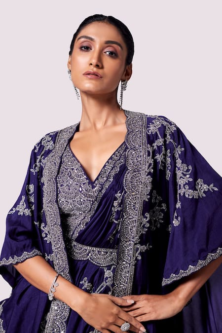 Onaya Purple Silk Embroidery, Mirrors, Sequins, Beads V-neck Cape And Lehenga Set at Aza Fashions Onaya_Purple Silk Embroidery, Mirrors, Sequins, Beads V-neck Cape And Lehenga Set _at_Aza_Fashions