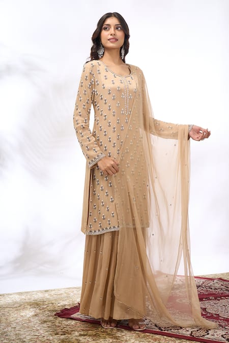 Buy Samyukta Singhania Beige Georgette Embroidery, Sequins Round Neck Kurta And Sharara Set Online at Aza Fashions Buy_Samyukta Singhania_Beige Georgette Embroidery, Sequins Round Neck Kurta And Sharara Set _Online_at_Aza_Fashions