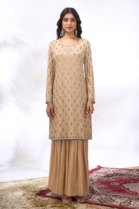 Samyukta Singhania Beige Georgette Embroidery, Sequins Round Neck Kurta And Sharara Set at Aza Fashions Samyukta Singhania_Beige Georgette Embroidery, Sequins Round Neck Kurta And Sharara Set _at_Aza_Fashions