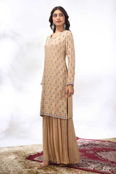 Shop Samyukta Singhania Beige Georgette Embroidery, Sequins Round Neck Kurta And Sharara Set Shop_Samyukta Singhania_Beige Georgette Embroidery, Sequins Round Neck Kurta And Sharara Set