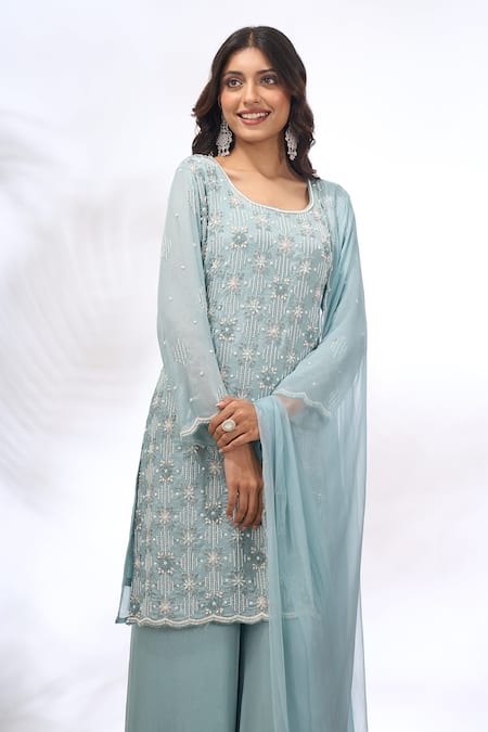Samyukta Singhania Blue Georgette Beads, Embroidery Round Neck Floral Kurta Sharara Set Online at Aza Fashions Samyukta Singhania_Blue Georgette Beads, Embroidery Round Neck Floral Kurta Sharara Set _Online_at_Aza_Fashions