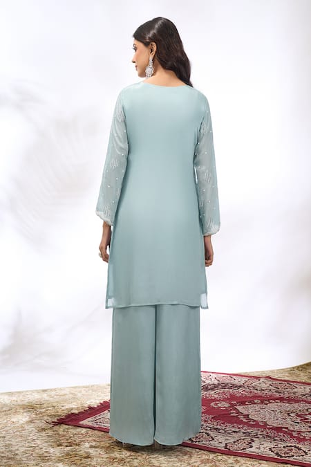 Shop Samyukta Singhania Blue Georgette Beads, Embroidery Round Neck Floral Kurta Sharara Set at Aza Fashions Shop_Samyukta Singhania_Blue Georgette Beads, Embroidery Round Neck Floral Kurta Sharara Set _at_Aza_Fashions