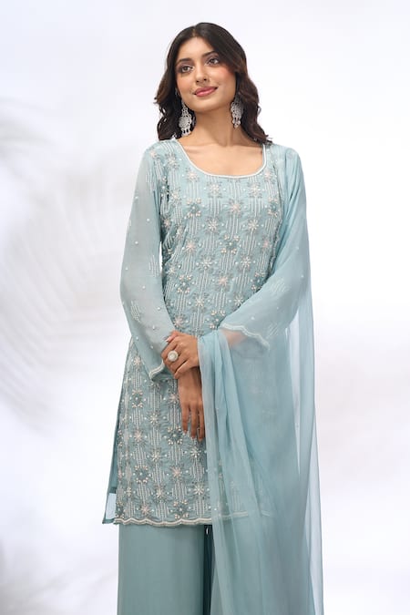 Shop Samyukta Singhania Blue Georgette Beads, Embroidery Round Neck Floral Kurta Sharara Set Online at Aza Fashions Shop_Samyukta Singhania_Blue Georgette Beads, Embroidery Round Neck Floral Kurta Sharara Set _Online_at_Aza_Fashions