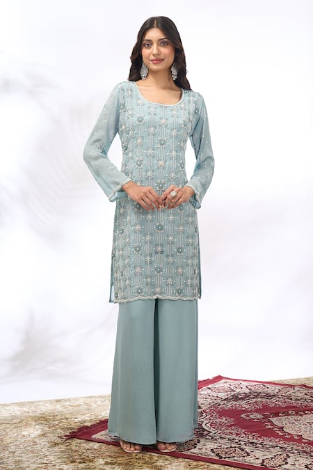 Samyukta Singhania Blue Georgette Beads, Embroidery Round Neck Floral Kurta Sharara Set at Aza Fashions Samyukta Singhania_Blue Georgette Beads, Embroidery Round Neck Floral Kurta Sharara Set _at_Aza_Fashions