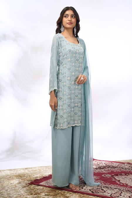 Shop Samyukta Singhania Blue Georgette Beads, Embroidery Round Neck Floral Kurta Sharara Set Shop_Samyukta Singhania_Blue Georgette Beads, Embroidery Round Neck Floral Kurta Sharara Set