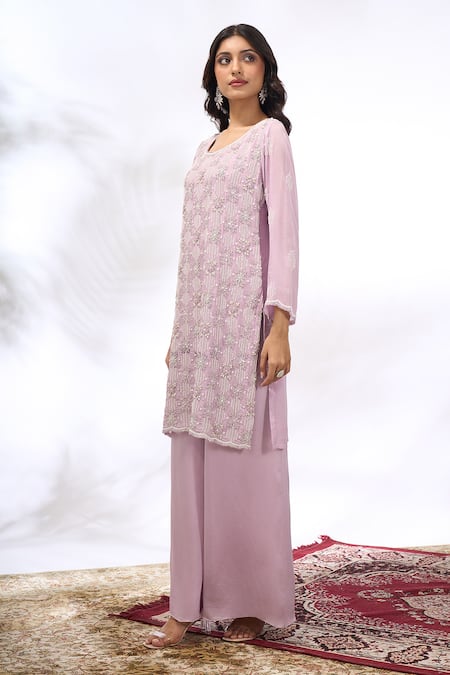 Samyukta Singhania_Lilac Georgette Embroidery, Beads Round Neck Kurta And Sharara Set _Online_at_Aza_Fashions
