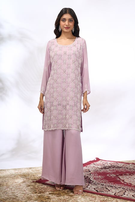 Samyukta Singhania_Lilac Georgette Embroidery, Beads Round Neck Kurta And Sharara Set _at_Aza_Fashions