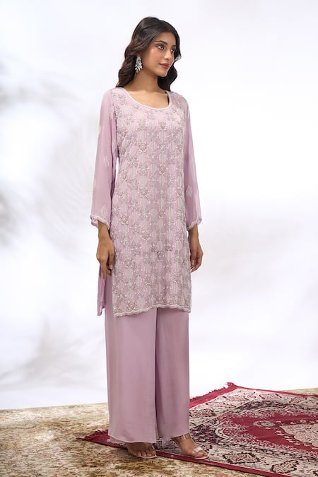 Buy_Samyukta Singhania_Lilac Georgette Embroidery, Beads Round Neck Kurta And Sharara Set 