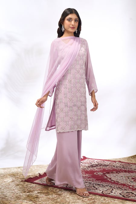 Shop_Samyukta Singhania_Lilac Georgette Embroidery, Beads Round Neck Kurta And Sharara Set 